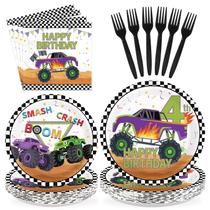 Greencian 96 Peças Kit de Festa Tema Monster Truck para Aniversário de 4 Anos, Pratos e Guardanapos Monster Birthday, Conjunto de Talheres Descartáveis Verde e Roxo para Meninos, Serve 24 Greencian 96 Peças Kit de Festa Tema Monster Truck para Aniversário de 4 Anos, Pratos e Guardanapos Monster Birthday, Conjunto de Talheres Descartáveis Verde e Roxo para Meninos, Serve 24