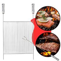 Grelha Aramada Plana Inox 40x50cm para Churrasco Peixe Parrilla Grill Costela Carne Cabo Madeira Revestido Churrasqueira Alvenaria Pré Moldada