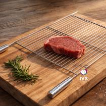Grelha Aramada Plana Inox Churrasco Peixe Parrilla 40x50cm Grill Assar Costela Carne Cabo Madeira Revestido em Alumínio Churrasqueira Sob Medida