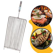 Grelha Dupla Aço Inox Para Peixe Churrasco Parrilla 25x50cm Grill Assar Cabo Revestido em Alumínio Lareira Abrir Fechar Grelha Dupla Aço Inox Para Peixe Churrasco Parrilla 25x50cm Grill Assar Cabo Revestido em Alumínio Lareira Abrir Fechar