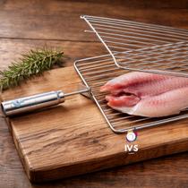 Grelha Dupla Aço Inox Para Peixe Churrasco Parrilla 25x50cm Grill Assar Cabo Revestido em Alumínio Lareira Abrir Fechar
