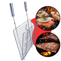 Grelha Dupla Aramada Inox 50x50cm para Churrasco Peixe Parrilla Grill Assar Costela Carne Cabo Madeira Revestido Churrasqueira Alvenaria Portátil