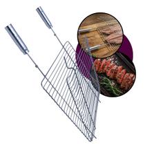 Grelha Dupla Aramada Inox 50x50cm para Churrasco Peixe Parrilla Grill Assar Costela Carne Cabo Madeira Revestido Churrasqueira Alvenaria Portátil