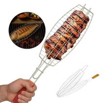 Grelha Dupla de Churrasco Inox Abre e Fecha para Peixes Carnes Grande com Cabo de Madeira