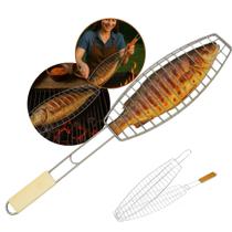 Grelha Dupla Grande Abre e Fecha Aço Inox de Peixe para Churrasco Assar Carnes com Cabo de Madeira Grelha Dupla Grande Abre e Fecha Aço Inox de Peixe para Churrasco Assar Carnes com Cabo de Madeira