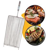 Grelha Inox 25x30cm Churrasco Peixe Frango Linguiça Grill Parrilla Cabo Madeira Alumínio Churrasqueira Argentina Uruguaia Alvenaria