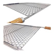 Grelha Moeda Inox Para Churrasco 50x72 Cabo Madeira E Ponta