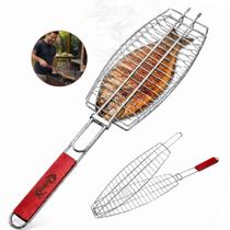 Grelha para Churrasco Aço Inox Dupla Sistema Abre Fecha Assado de Carnes e Peixes C/ Cabo Madeira