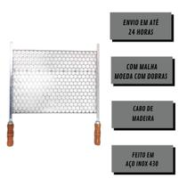 Grelha Para Churrasco Moeda Inox 60x48 Cabo Madeira E Ponta