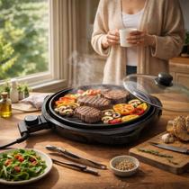 Grill Elétrica Redondo Antiaderente com Termostato Sem Fumaça Churrasqueira Ideal para Cozinhas e Varandas 40cm Grelha 25,5 cm Potência 1200W
