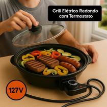 Grill Elétrica Redondo Antiaderente com Termostato Sem Fumaça Churrasqueira Ideal para Cozinhas e Varandas 40cm Grelha 25,5 cm Potência 1200W