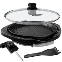 Grill Elétrico Redondo 40cm 127V 1200W Preto Grelha Antiaderente com Tampa de Vidro e Controle de Temperatura Grelhe Sem Óleo