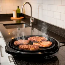 Grill Elétrico Redondo 40cm 220V 1200W Preto Grelha Antiaderente com Tampa de Vidro e Controle de Temperatura Grelhe Sem Óleo