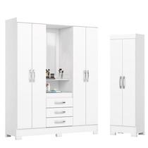 Guarda Roupa 04 portas e 03 Gavetas Nápole com Armário Multiuso 2 Portas 3 Prateleiras B387 Branco - Henn Briz Guarda Roupa 04 portas e 03 Gavetas Nápole com Armário Multiuso 2 Portas 3 Prateleiras B387 Branco - Henn Briz