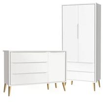 Guarda Roupa 2 Portas e Cômoda com Porta Theo Branco Fosco Pés Madeira Natural - Reller Móveis Guarda Roupa 2 Portas e Cômoda com Porta Theo Branco Fosco Pés Madeira Natural - Reller Móveis
