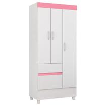 Guarda Roupa 3 Portas 2 Gavetas Wind Branco/Rosa/Branco