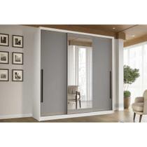 Guarda Roupa 3 Portas de Correr (1 c/ espelho) e 4 Gavetas Valência Branco/Cinza - Politorno