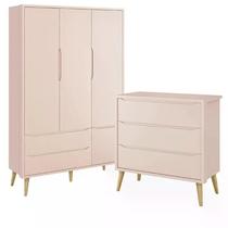 Guarda Roupa 3 Portas e Cômoda 3 Gav Theo Rosa Fosco Pés Madeira Natural - Reller Móveis Guarda Roupa 3 Portas e Cômoda 3 Gav Theo Rosa Fosco Pés Madeira Natural - Reller Móveis