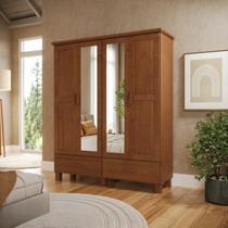 Guarda-roupa 4 Portas 2 Gavetas com Espelho 100% Madeira Maciça Bronze