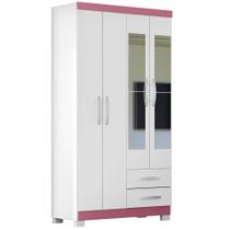 Guarda Roupa 4 Portas 2 Gavetas Modena Com Espelho Branco Tx Flex Detalhe Rosa - Combo Stock