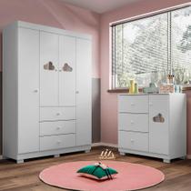 Guarda Roupa 4 Portas e Cômoda 1 Porta Infantil Com Janela Em Formato De Nuvem Branco Ane Phoenix Baby