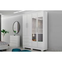 Guarda Roupa 4 Portas Encant 3 Gavetas c/Espelho e Pés Branco - Novo Horizonte