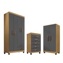 Guarda Roupa 4 Portas Porto Belo Com Multiuso e Cômoda 5 Gavetas I01 Carvalho Grafite Clique Chique