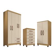 Guarda Roupa 4 Portas Porto Belo Com Multiuso e Cômoda 5 Gavetas I01 Carvalho Off White Clique Chique