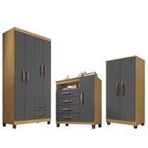 Guarda Roupa 4 Portas Porto Belo Com Multiuso e Cômoda Sapateira I01 Carvalho Grafite Clique Chique