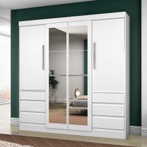Guarda-Roupa 6 Gavetas 4 Portas Branco com Espelho - 1577