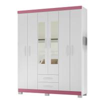Guarda Roupa 6 Portas 2 Gavetas Com Espelho Modena Branco Tx Flex Detalhe Rosa - Combo Stock