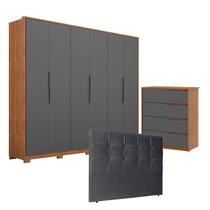 Guarda Roupa 6 Portas Atrice com Pés e Cômoda Atria Amêndola Grafito com Cabeceira Luiza 140 cm Preto Demartêz