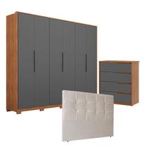 Guarda Roupa 6 Portas Atrice com Pés e Cômoda Atria Amêndola Grafito com Cabeceira Luiza 160 cm Marfim Demartêz