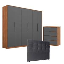 Guarda Roupa 6 Portas Atrice e Cômoda Atria Amêndola Grafito com Cabeceira Luiza 140 cm Preto Demartêz