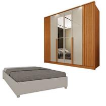 Guarda-Roupa 6 portas com Espelho Ripado Nova York e Cama Casal Queen Monaco Espresso Móveis Cinamomo/Off White