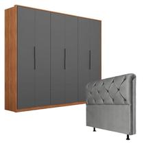 Guarda Roupa Atrice 6 Portas Amêndola Grafito com Cabeceira Daiana 140 cm Cinza Demartêz