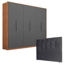 Guarda Roupa Atrice 6 Portas Amêndola Grafito com Cabeceira Luiza 140 cm Preto Demartêz