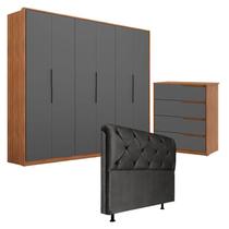 Guarda Roupa Atrice 6 Portas e Cômoda Atria Amêndola Grafito com Cabeceira Daiana 160 cm Preto Demartêz