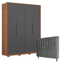 Guarda Roupa Attore 4 Portas Amêndola Grafito com Pés e Cabeceira Ana 140 cm Cinza Demartêz