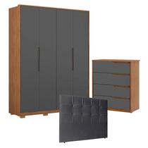 Guarda Roupa Attore 4 Portas com Pés e Cômoda Atria Amêndola Grafito com Cabeceira Luiza 140 cm Preto Demartêz