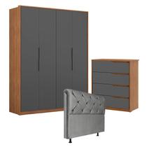 Guarda Roupa Attore 4 Portas e Cômoda Atria Amêndola Grafito com Cabeceira Daiana 140 cm Cinza Demartêz