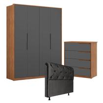 Guarda Roupa Attore 4 Portas e Cômoda Atria Amêndola Grafito com Cabeceira Daiana 160 cm Preto Demartêz