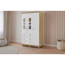 Guarda Roupa Bebê c/ 3 Portas (2 Cristal) e 3 Gavetas Tedy Branco/Amendoa - Peroba