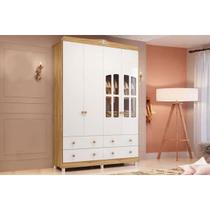 Guarda Roupa Bebê c/ 4 Portas (2 Cristal) e 4 Gavetas Êlo Branco/Amendoa - Peroba