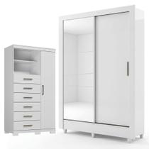 Guarda Roupa Bélgica 2 Portas com Espelho e Cômoda Marabá com Pés Branco Brilho - Santos Andirá Guarda Roupa Bélgica 2 Portas com Espelho e Cômoda Marabá com Pés Branco Brilho - Santos Andirá