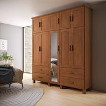 Guarda-Roupa Bipartido 10 Portas 4 Gavetas com Espelho Bronze 100% Madeira Maciça Marrom/Castanho