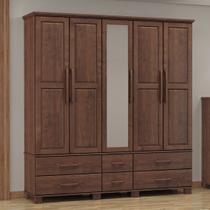 Guarda-Roupa Bipartido 5 Portas 6 Gavetas 100% Madeira Maciça Linha Ouro Marrom/Café