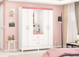 Guarda-Roupa Capelinha Lord 4 Portas com Espelho e Gavetas Branco/Rosa 181cm MDP