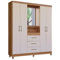 Guarda Roupa Capelinha Lyon Solteiro com Espelho 4 Portas 3 Gavetas Rud Rack Cor Mel Areia