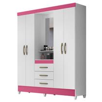 Guarda Roupa Capri 165cm 4 Portas Branco Rosa Flex com Espelho Moval